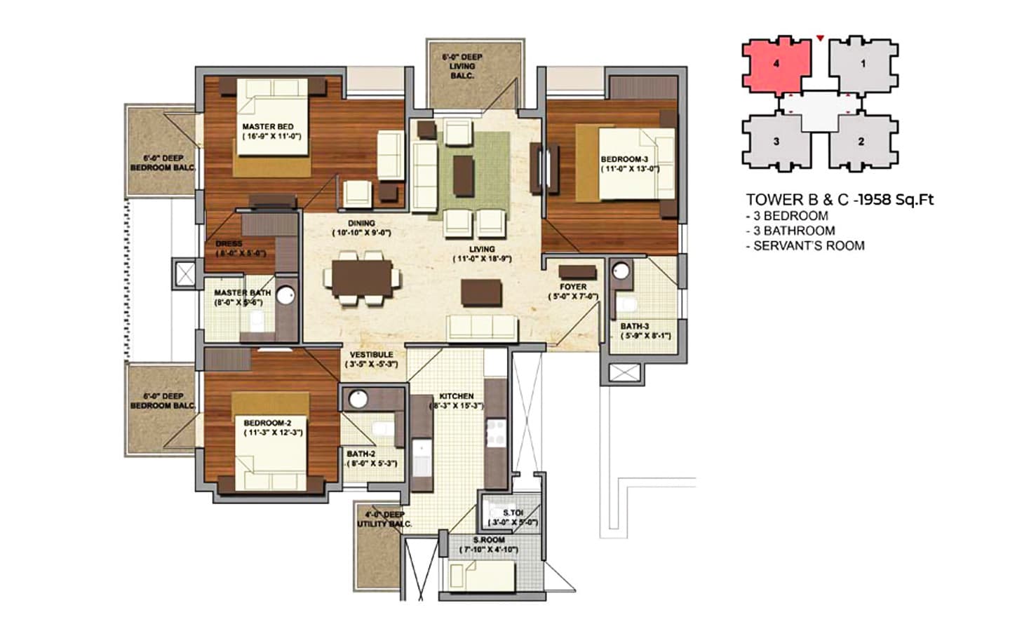 3BHK + 3T