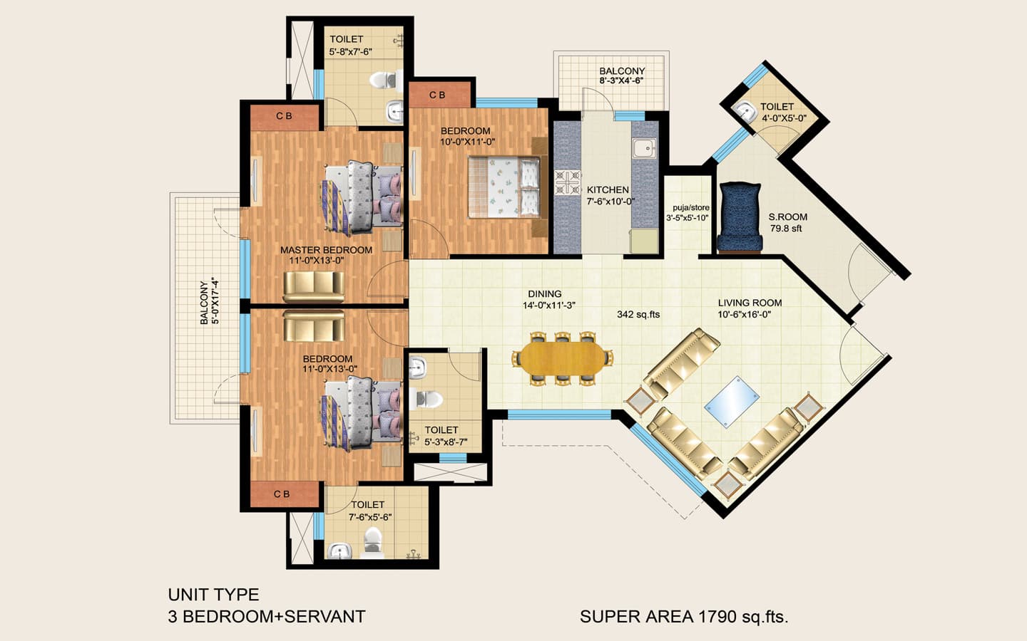 3BHK + 3T + SQ