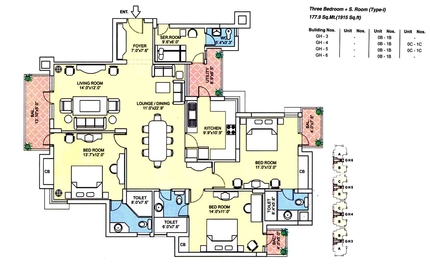 3BHK + 3T + SQ