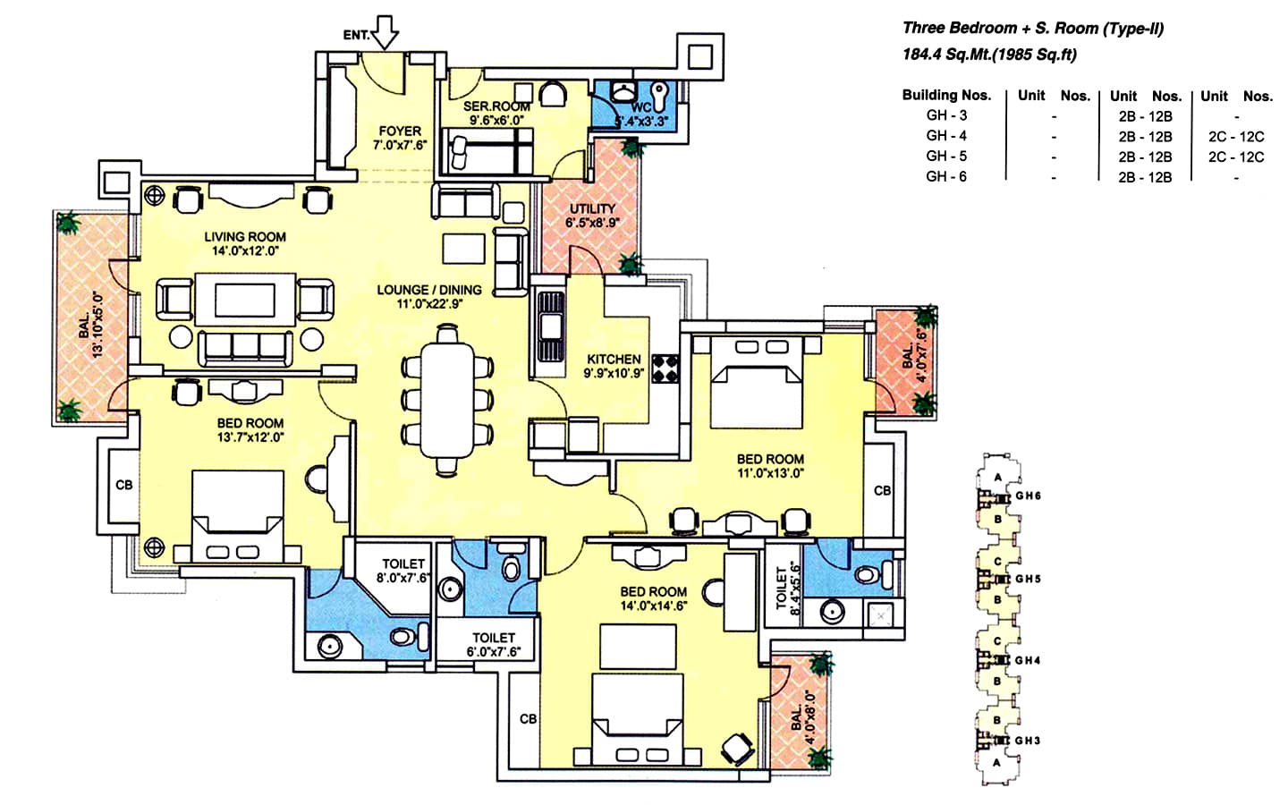 3BHK + 3T + SQ
