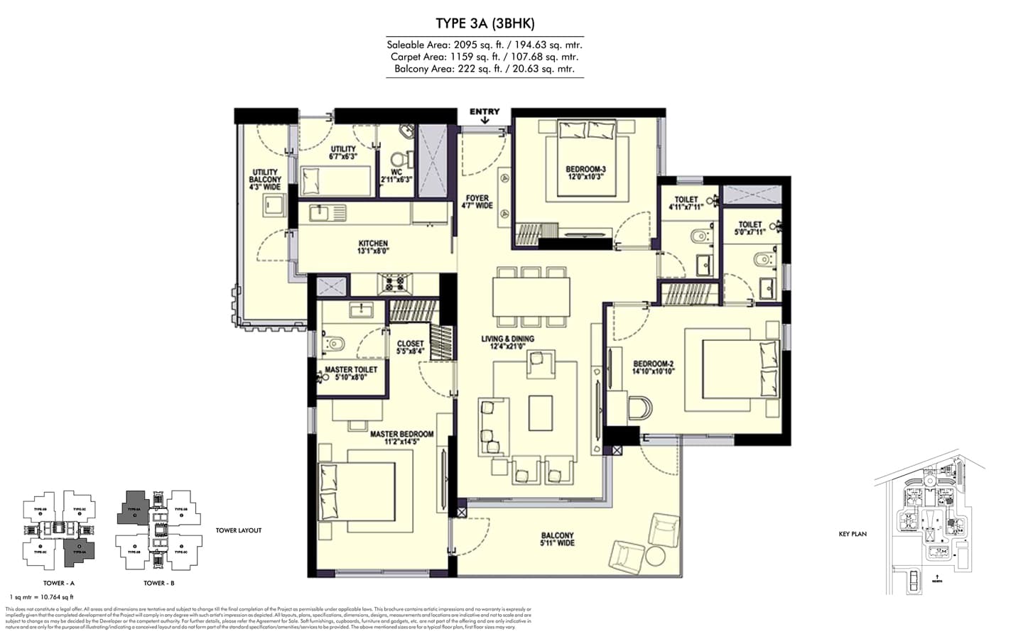 3BHK + 3T + Utility
