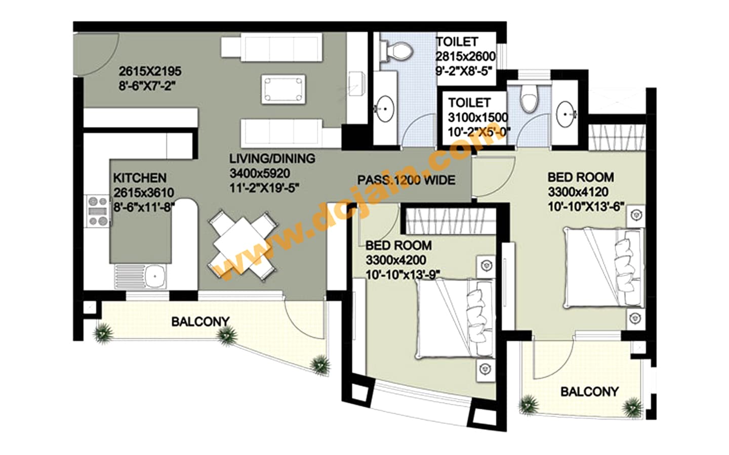 2BHK + 2T