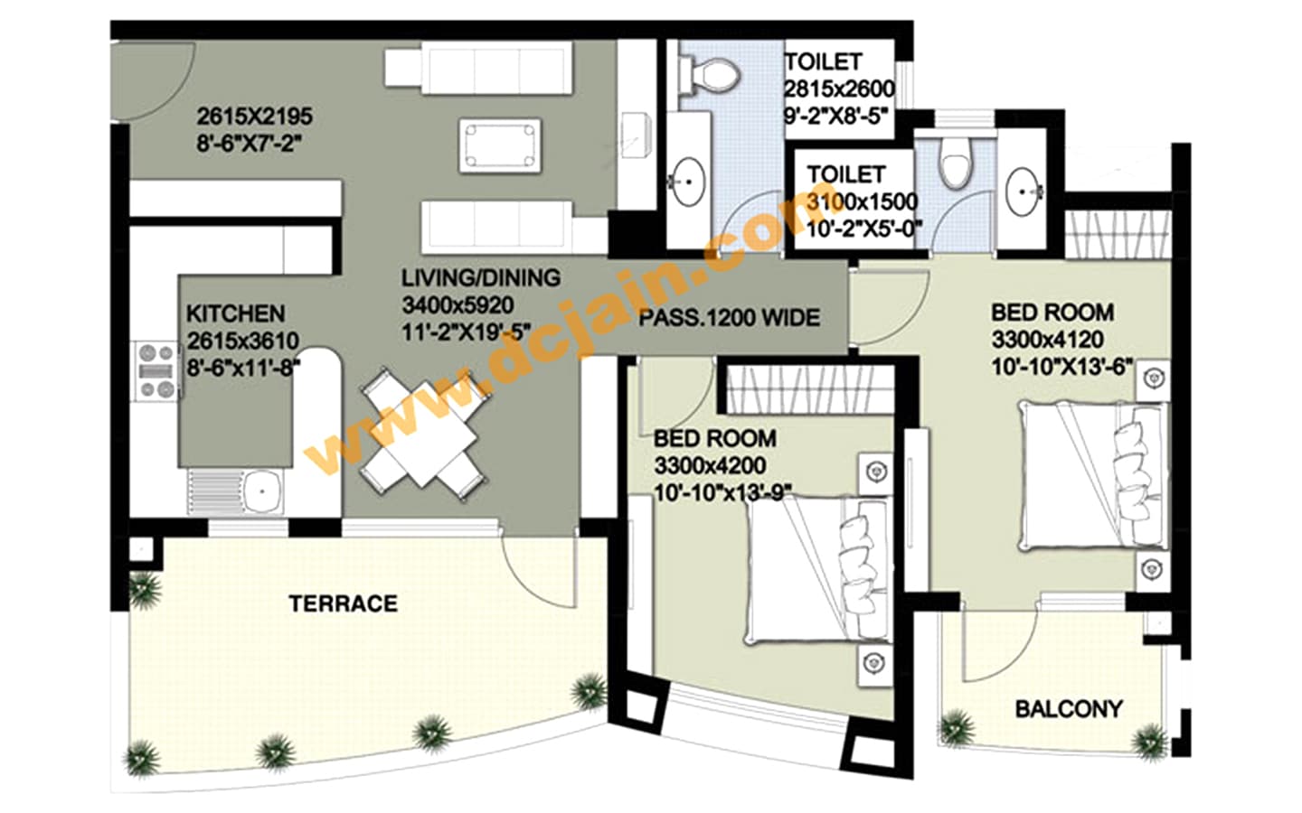 2BHK + 2T + Terrace