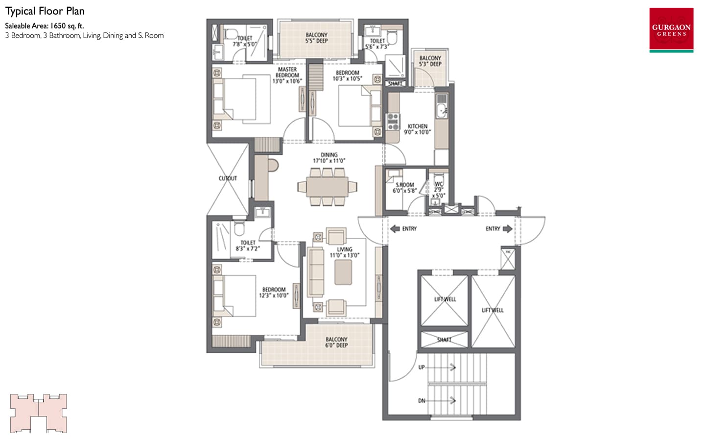 3BHK +3T + SQ ( Typical Floor Plan )
