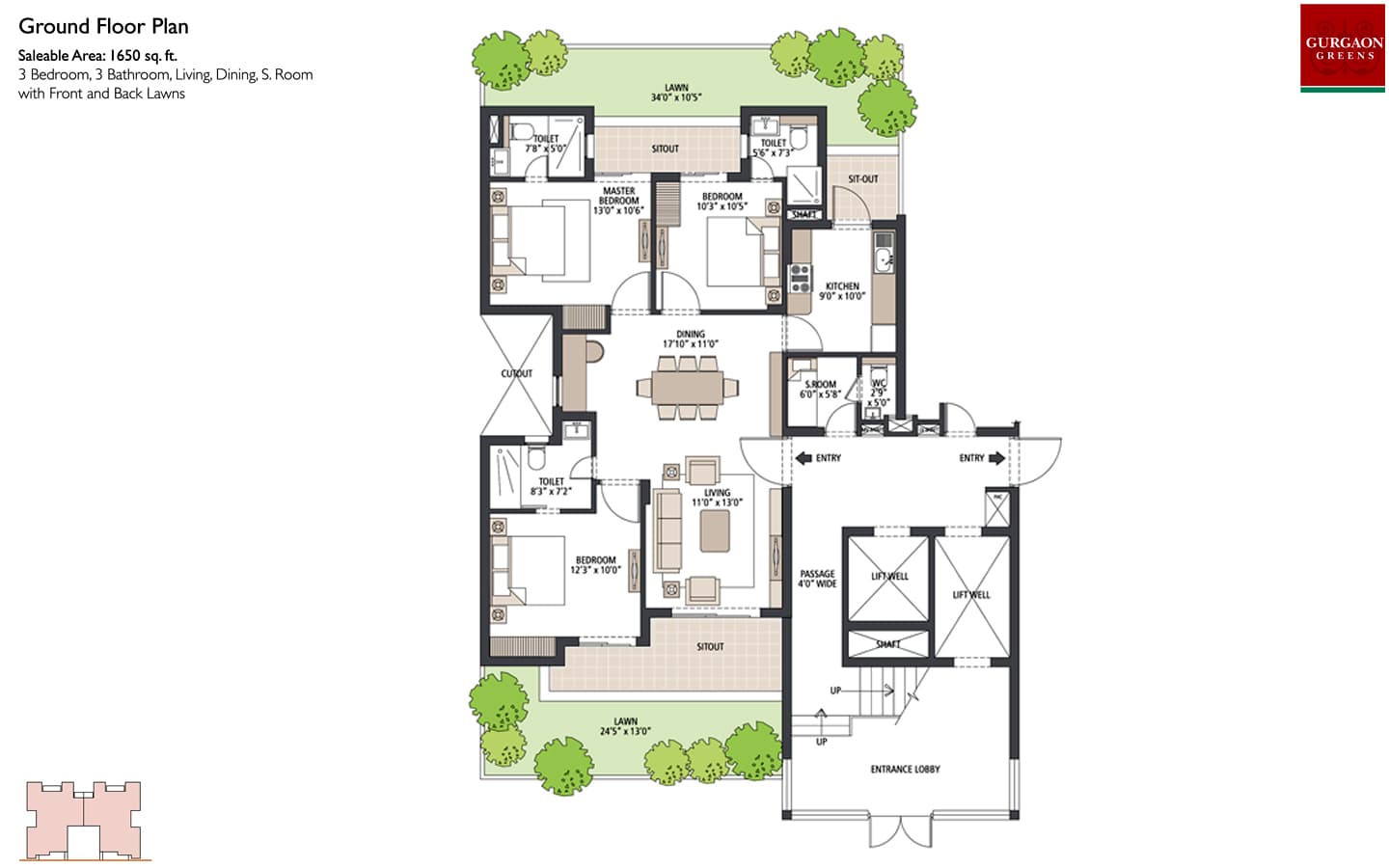 3BHK +3T + SQ ( Ground Floor Plan )