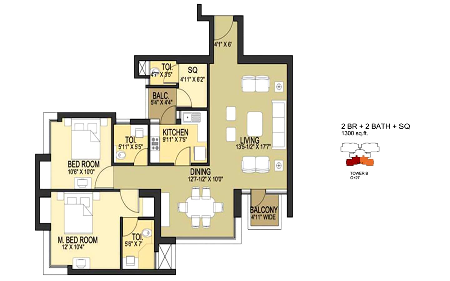 2BHK + 2T + SQ