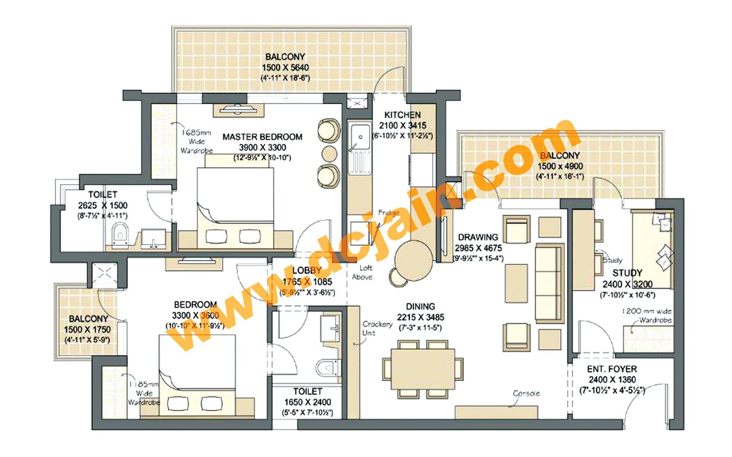2BHK + 2T + Study