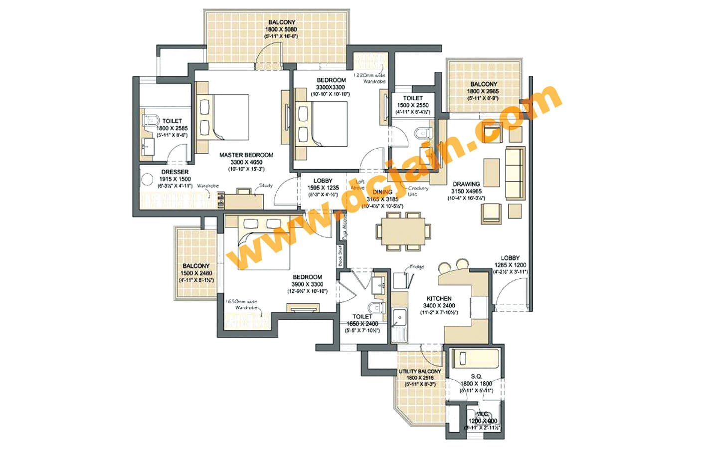 3BHK + 3T + SQ