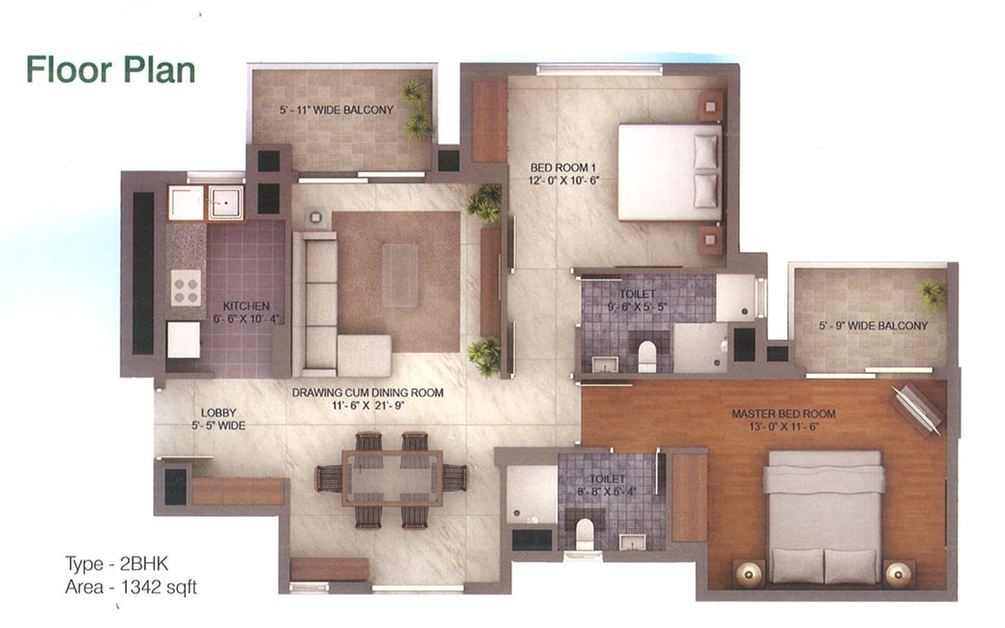 2BHK + 2T