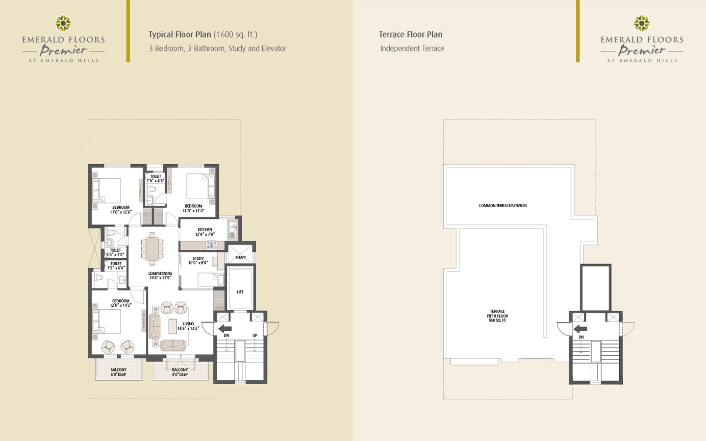 Typical Floor Plan 3BHK+3T+Study