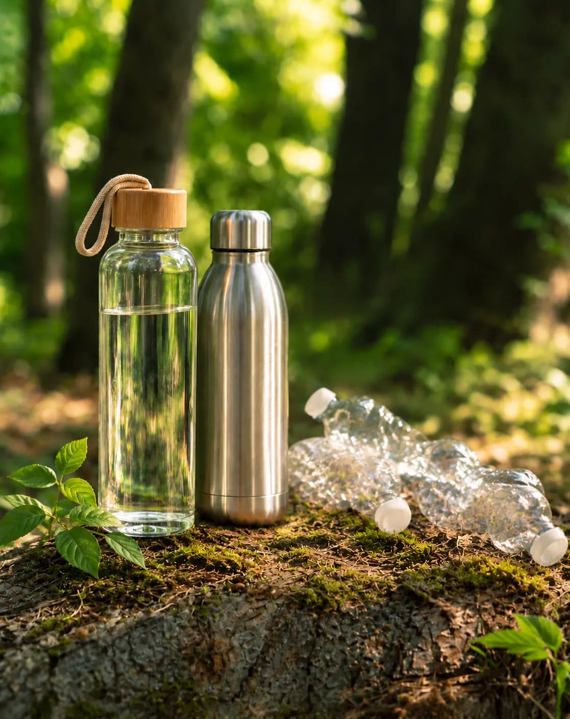 A glass bottle and a steel bottle beside discarded single-use plastic bottles representing DC Jain Real Estate Services commitment to a plastic-free workplace