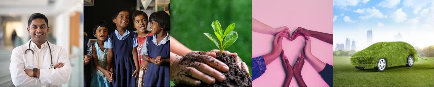 A doctor, schoolchildren, a seedling, joined hands and a car made of leaves representing DC Jain Real Estate Services CSR Efforts